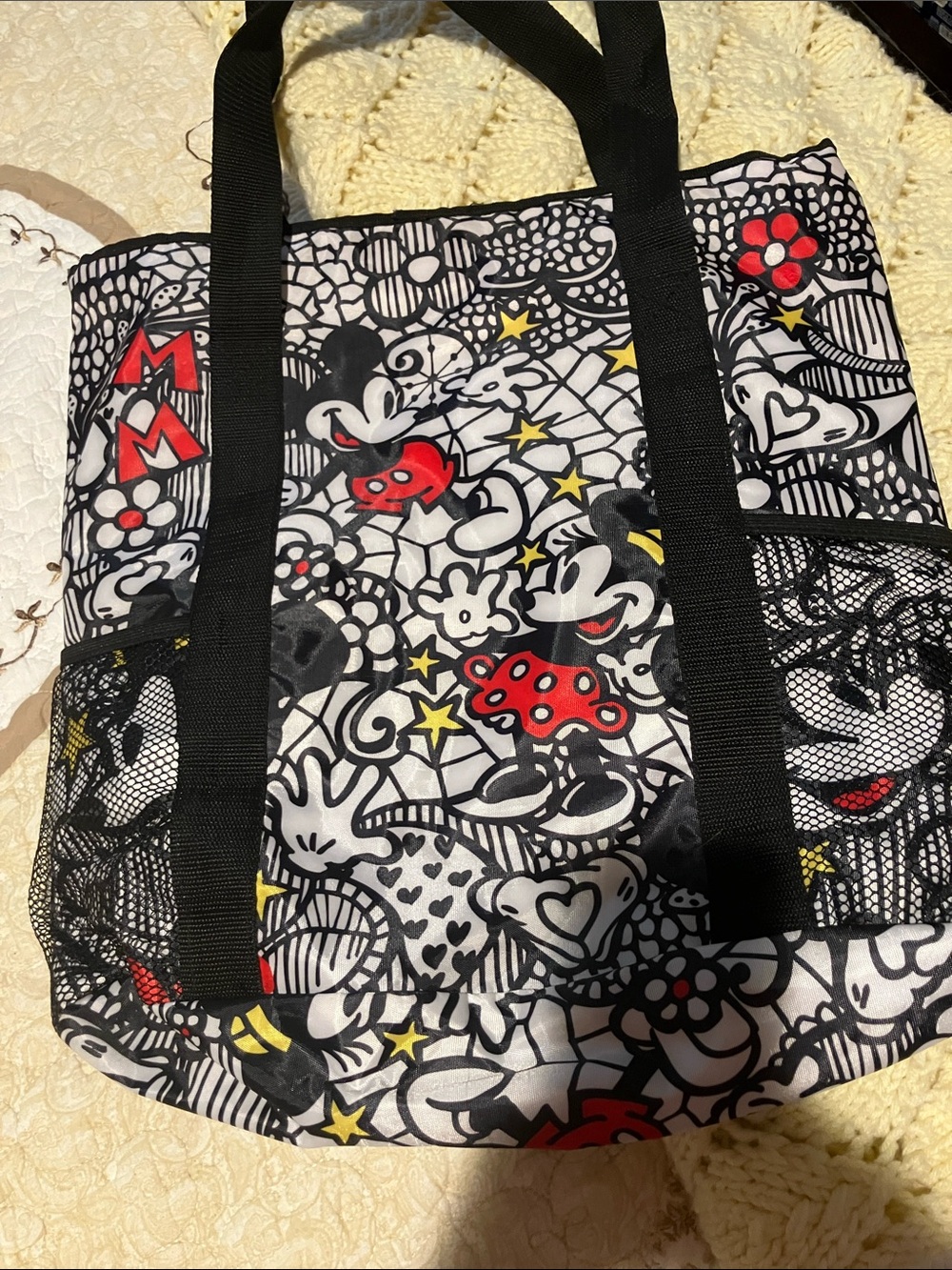 Disney Black White Tote with Red and Yellow Cartoon Accents